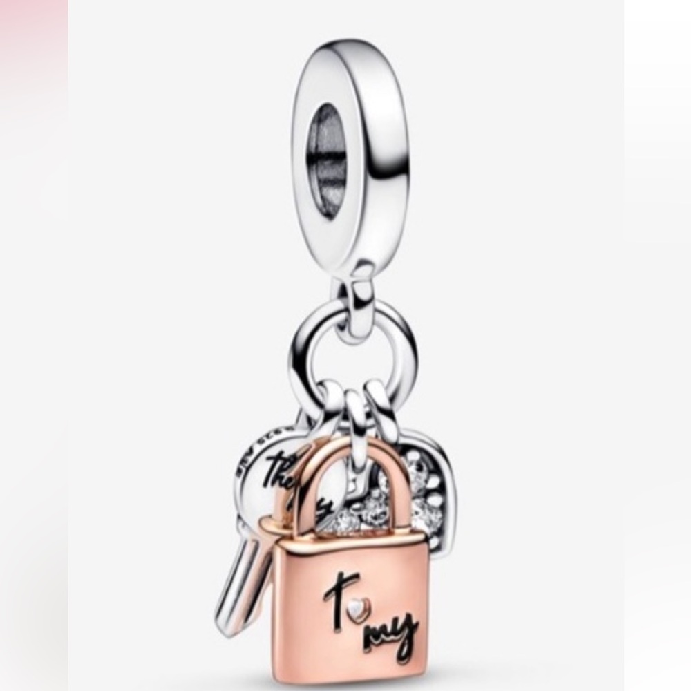 Pandora two-tone key, heart and padlock triple dangle charm